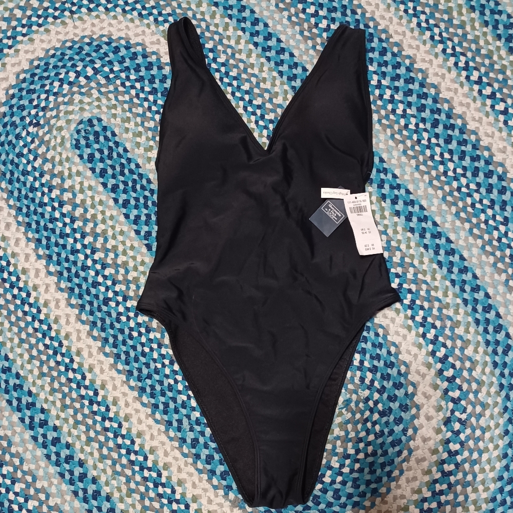 Abercrombie Plunge Padded Low Back High Leg Cheeky Swimsuit Black Sz S NWT